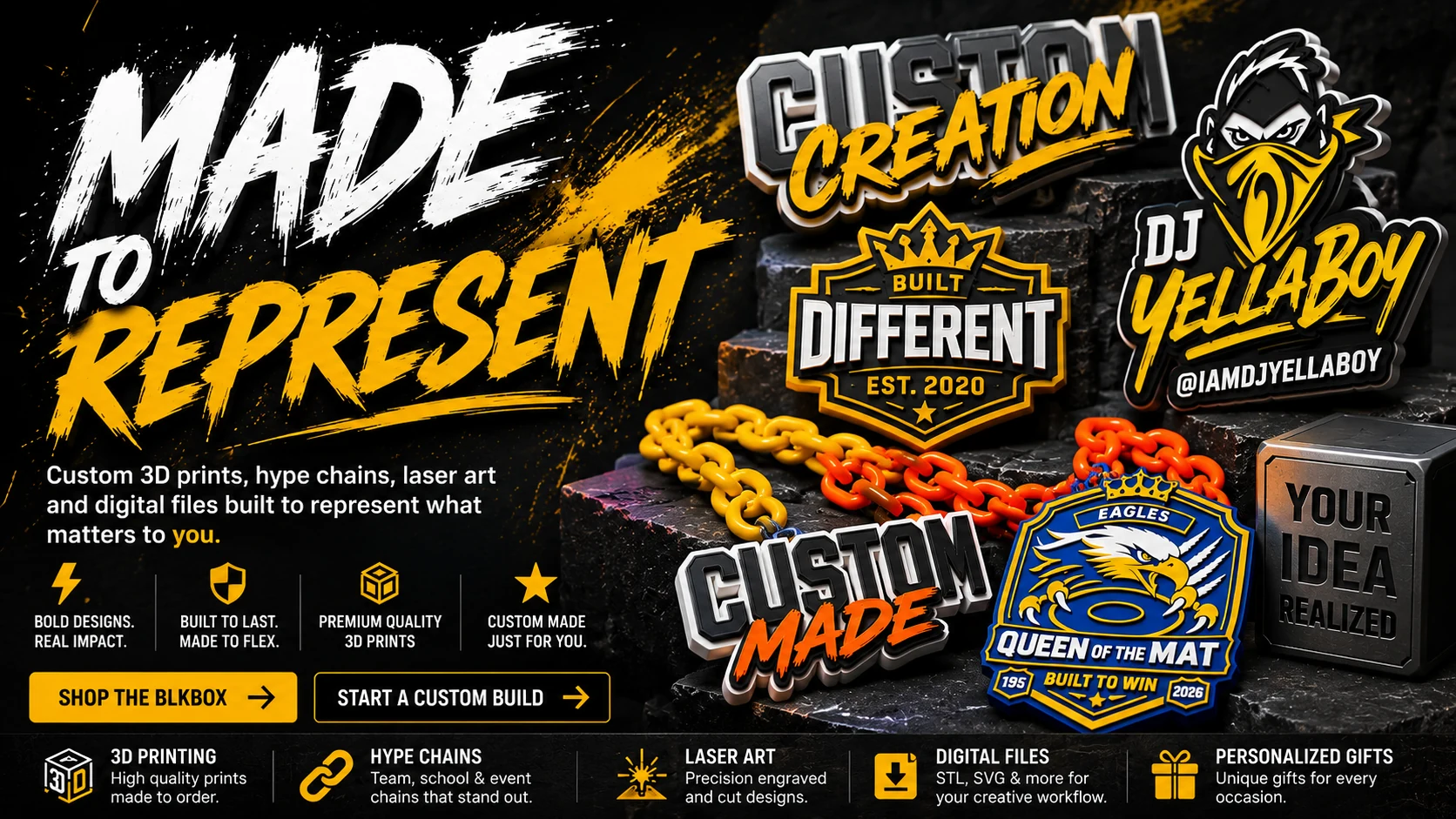 BLKBOXCUSTOM custom 3D prints, hype chains, laser art and digital files