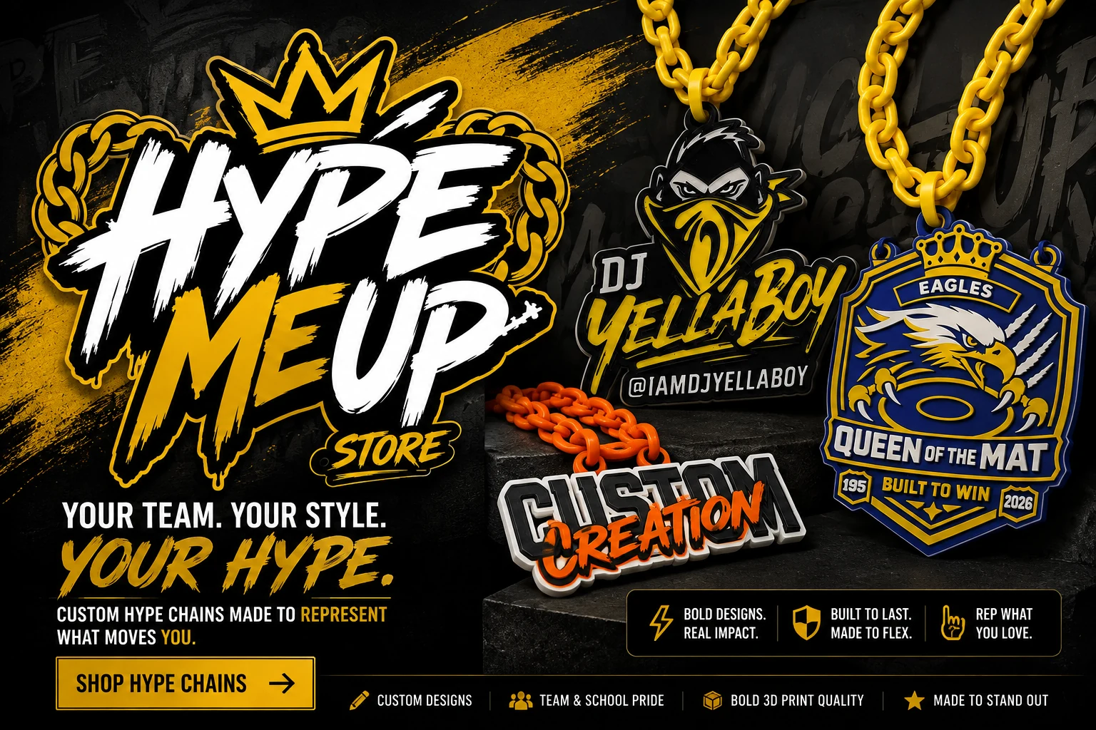 Hype Me Up custom hype chains for teams, schools, creators and events